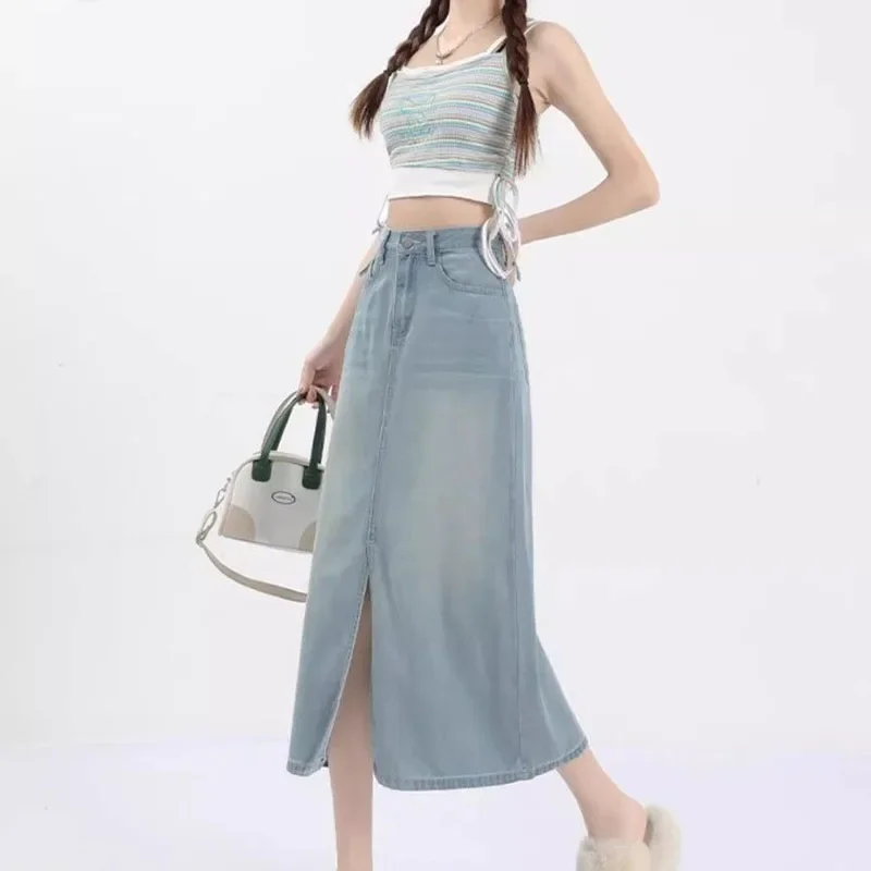 

Denim Slit Skirt Women's Summer High Waist Mid-Length A-Line Skirts Blue Korean Fashion 2024 Dongdaemun Elegant Clothes Clothing