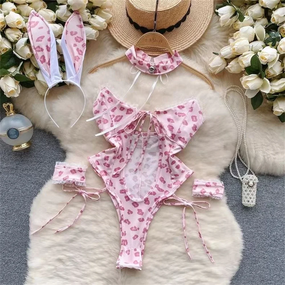 Hot Sexy Pure Cute Sweet baby Strap Hollow Out Bunny Girl Women Role Play Uniform Set with Pink Lips and 5 Pieces of Bodysuit