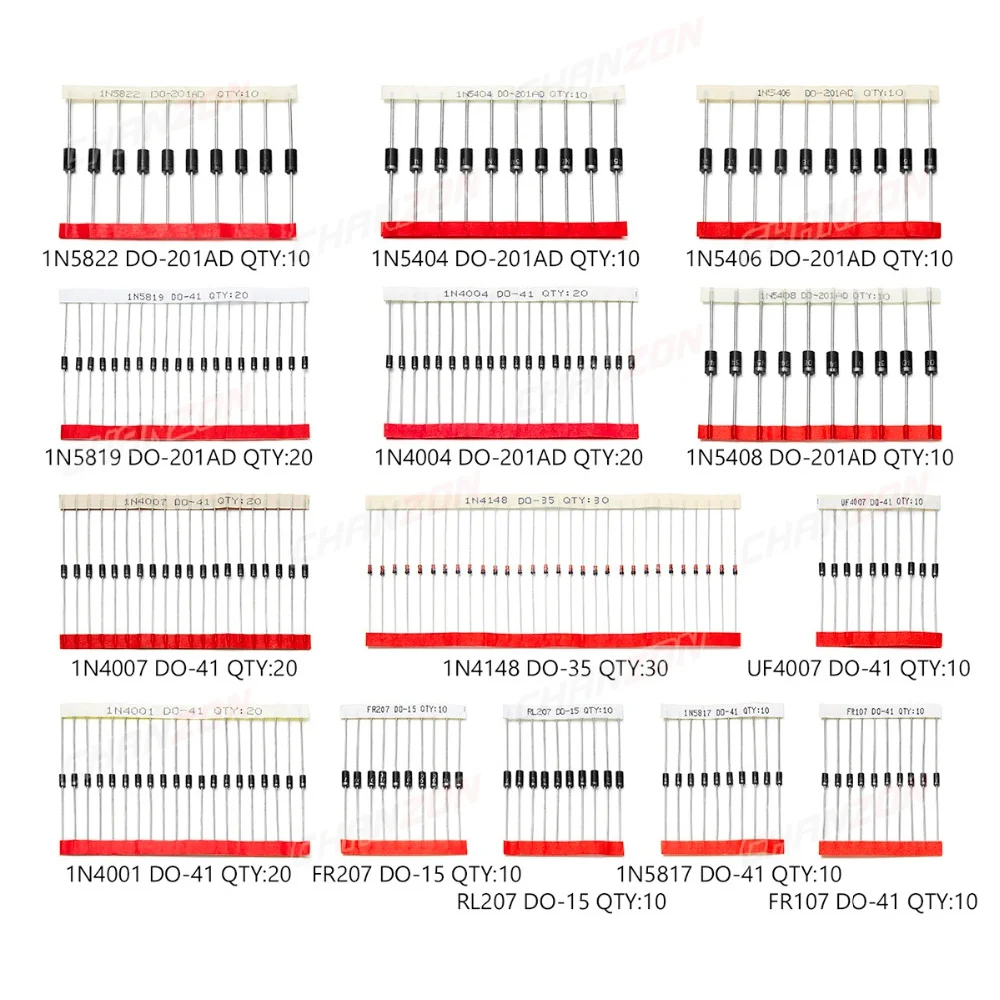 

ABJG-200Pcs Fast Switching Schottky Diode Kit 1N4001 1N4004 1N4007 1N5408 UF4007 FR207 1N5817 1N5819