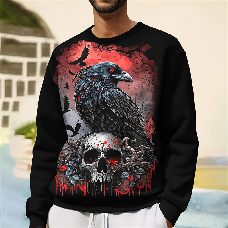 Crows Skeletons Pattern Hoodie For Men Cool Bird 3D Printed Sweatshirt Autumn Long Sleeve Tops Loose Pullovers O-Neck Hoodies