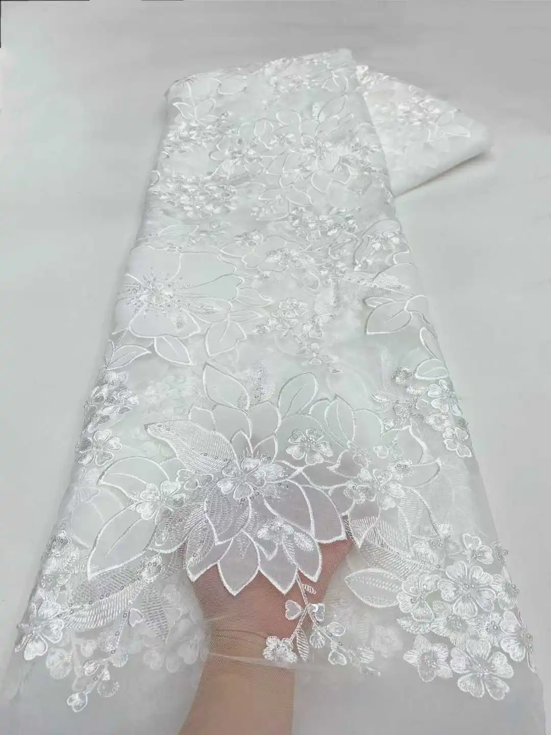 Mccarthy Luxury Hand Beaded Lace Fabric for Bridal High-End Wedding Tulle with French Nigerian Sequins Beads Embroidery 5 Yards