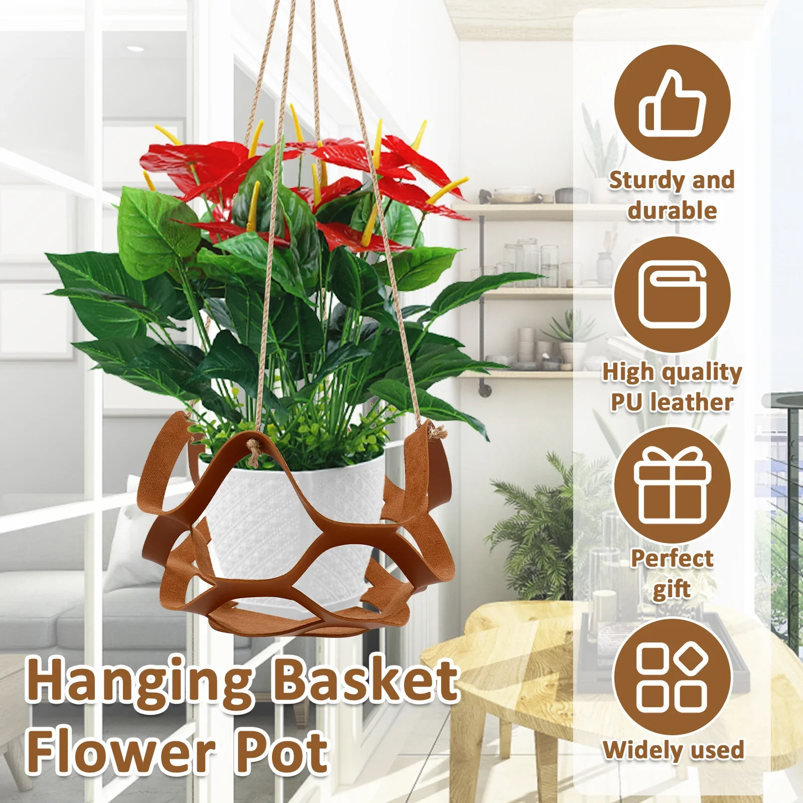 2Pcs Hanging Basket 9/12Inch PU Leather Flower Pot Hanger Garden Hanging Planter Display Rack Set for Indoor Outdoor Home Decor