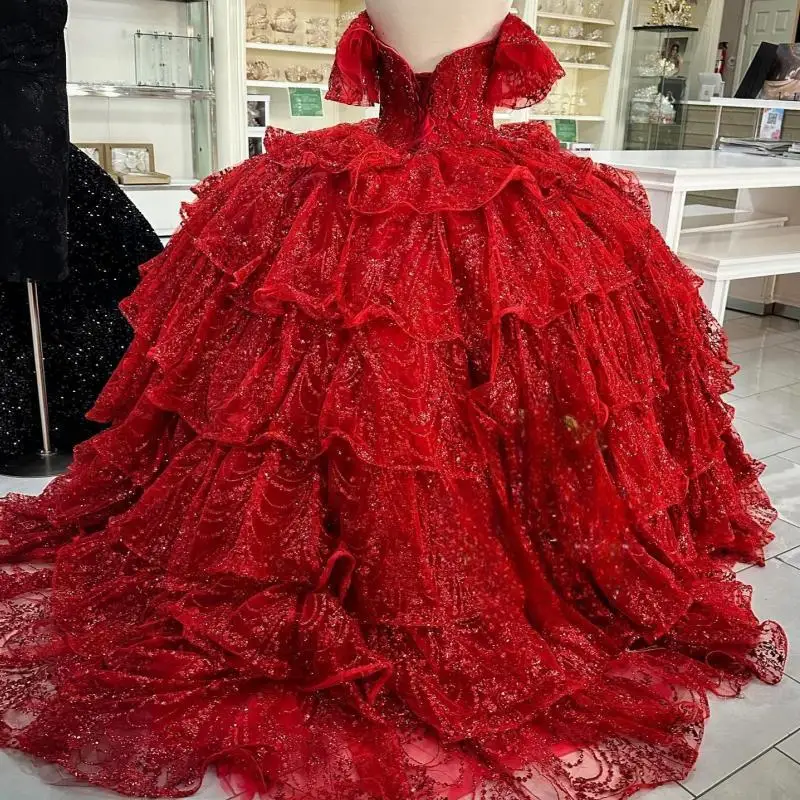 Real Picture Luxury Red Glitter Prom Dress Ball Gown Short Sleeve Tiered Skirt Vestido De xv Anos Sweet 15 16 Quinceanera Party