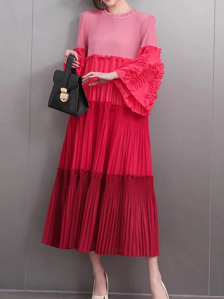 LANMREM Pleated Ruffle Dress For Women Round Neck Flare Sleeves Color Block Fashion Dresses Ladies Party Clothing New 2DB2320