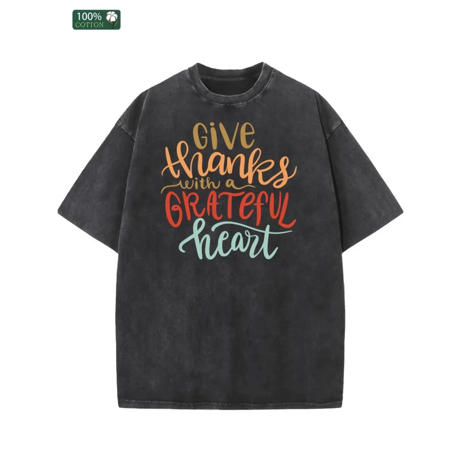 

Vintage Washed T-shirt Give Thanks with a Grateful Heart Slogan Tee Thanksgiving Gift Casual Loose Fit Cotton Top Unisex