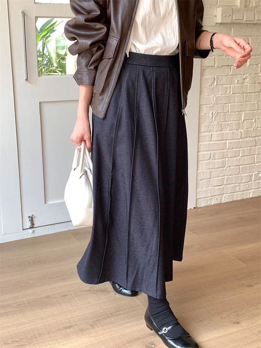 Alien Kitty Winter Solid Maxi Skirt Women Pleated New Loose 2025 Elegant Minimalist High Waist Slim Daily Streetwear  Casual