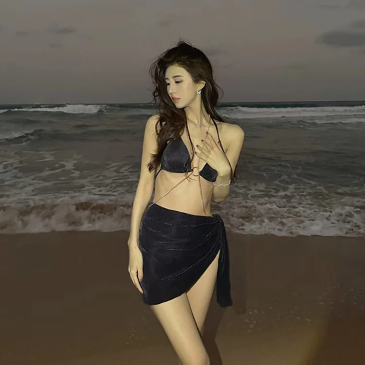 수영복 여성 순수한 욕망 체인 섹시한 스플릿 트라이앵글 비키니 3 피스 세트, 얇은 명주 그물 휴가 온천 수영복