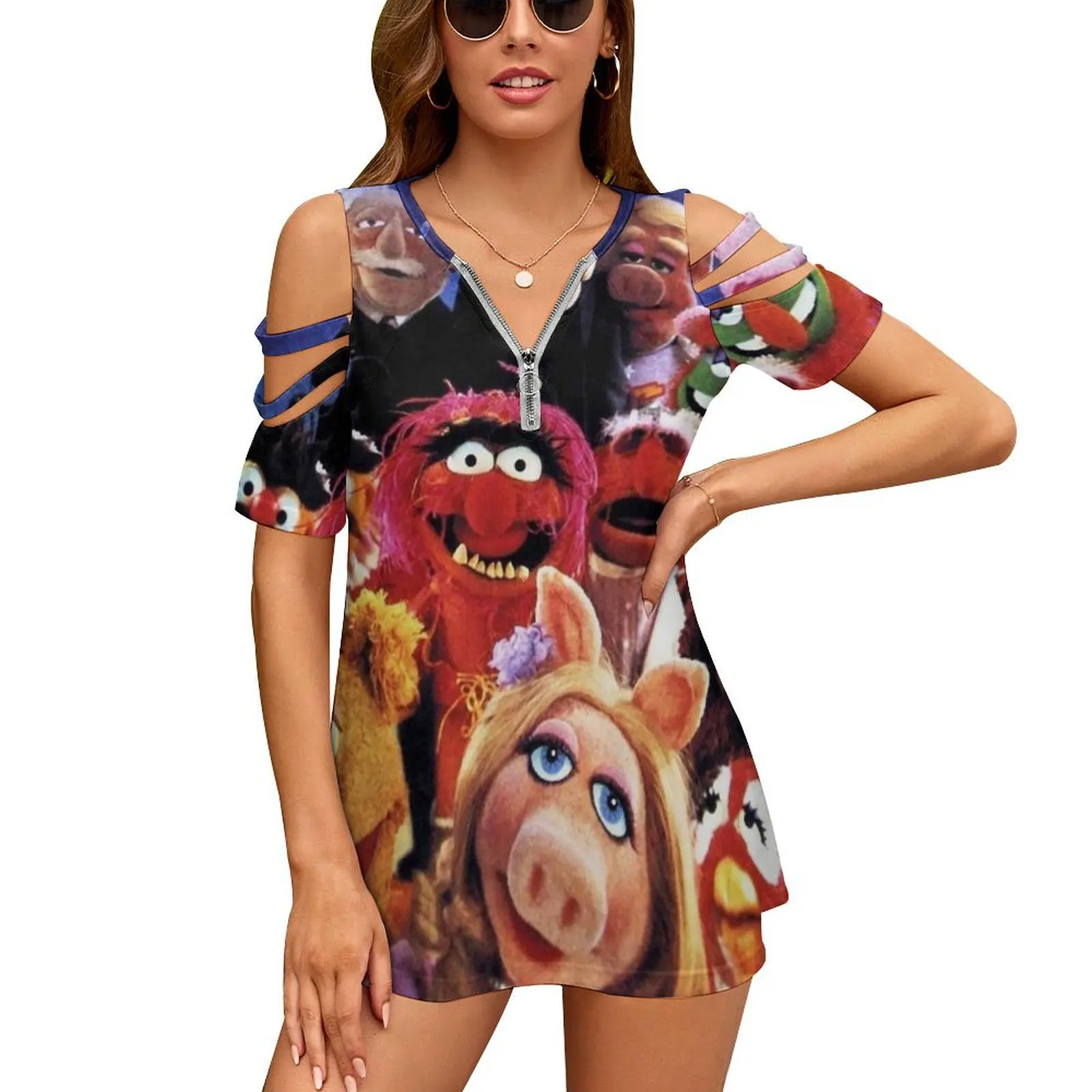 The Show-Vintage Cast Retro Tv Women Zipper Sexy Printed Vintage T Shirts Tops Full Print T-Shirt Show S Miss Piggy Fozzy Bear