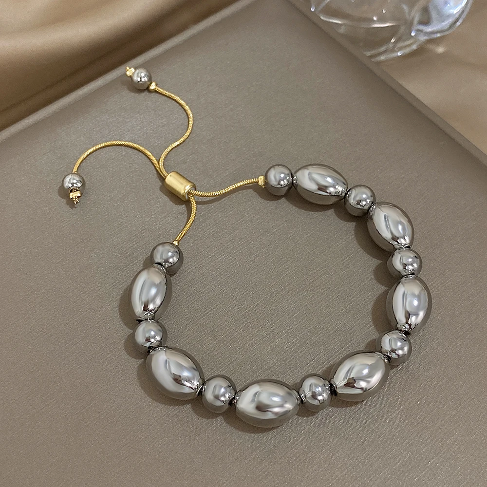 Glossy Two Tone Olive Ball Beads Stainless Steel Bracelets for Women Men Unisex Fashion Hip Hop Style Waterproof Jewelry Gifts