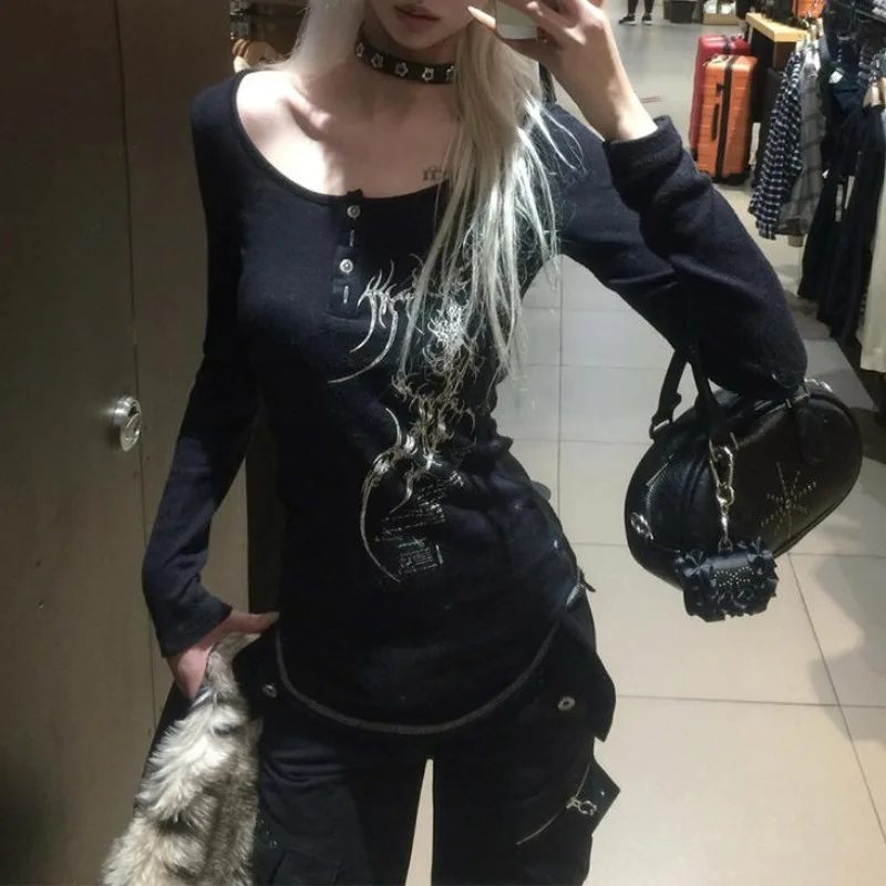 

Ropa Mujer, винтажные футболки 2022, повседневные топы с круглым вырезом Y2k, футболки в готическом стиле в стиле панк, японская женская одежда, туника с длинными рукавами и принтом, футболки