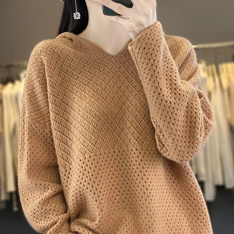 

Tailor Sheep Cashmere Sweater 2023 New Knitted Hollow Out Women's 100% Wool Hooded Sweater Comfortable Soft Coat Sweater