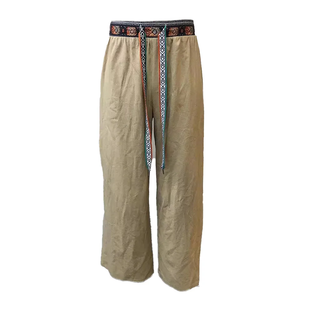 Men Pants Ethnic Bohemian Holiday Style Beach Pant Waistband Drawstring Tassels Summer Casual Loose Trousers Mens Clothing 2024