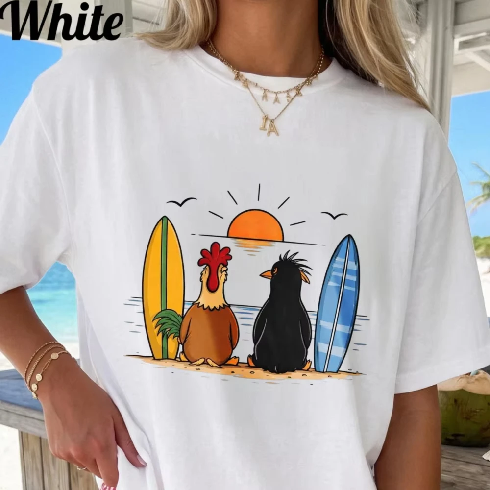 Rooster Penguin Surfboard Tropical Sunset Beach Cotton Women T-shirt Fun Animal Surf Graphic Tops Summer Hawaii Vacation Tees