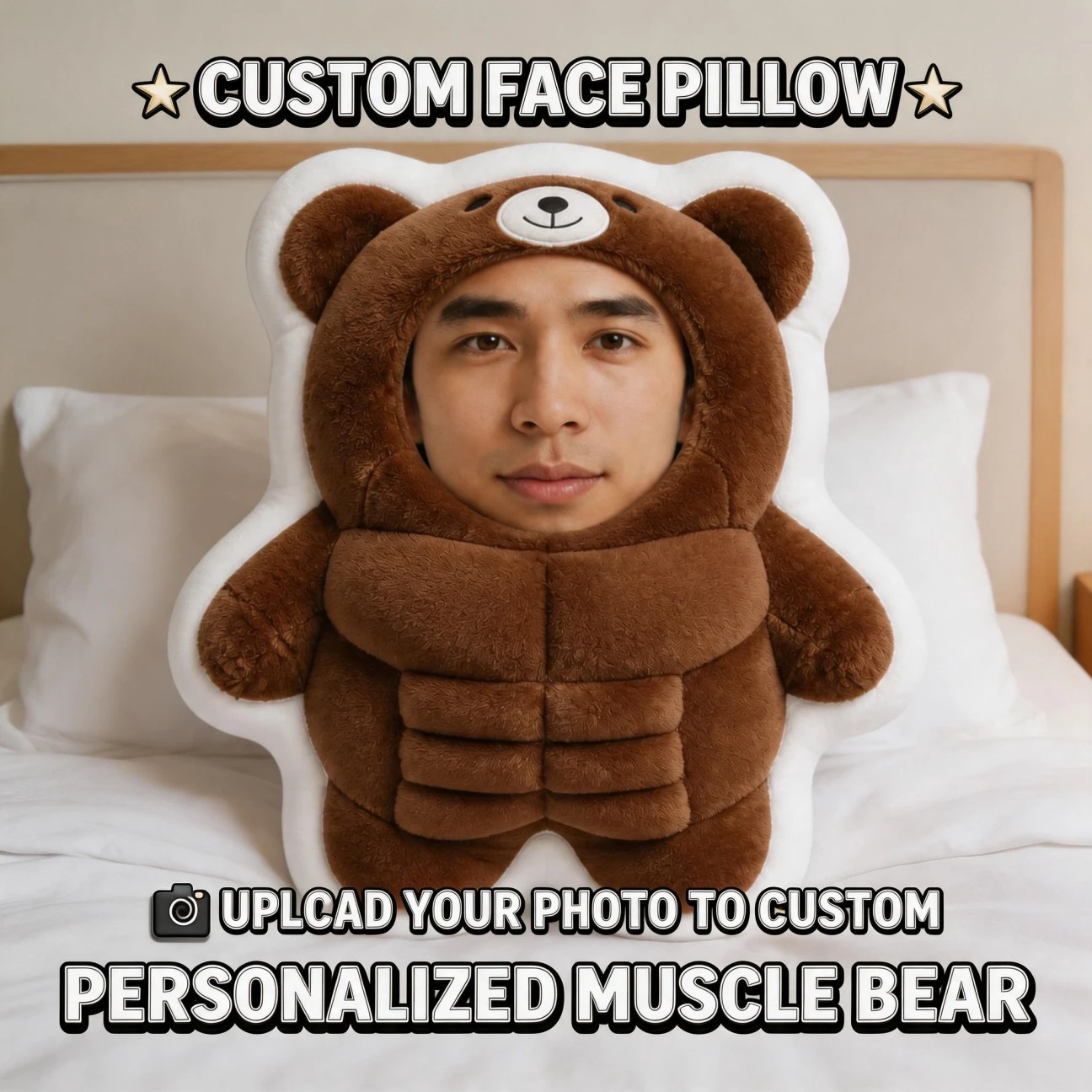 Custom Face Funny Bear Costume Shaped Pillow, Personalized Photo Decorative Cushion with Brown Hood, Unique Home Decor Accent fo