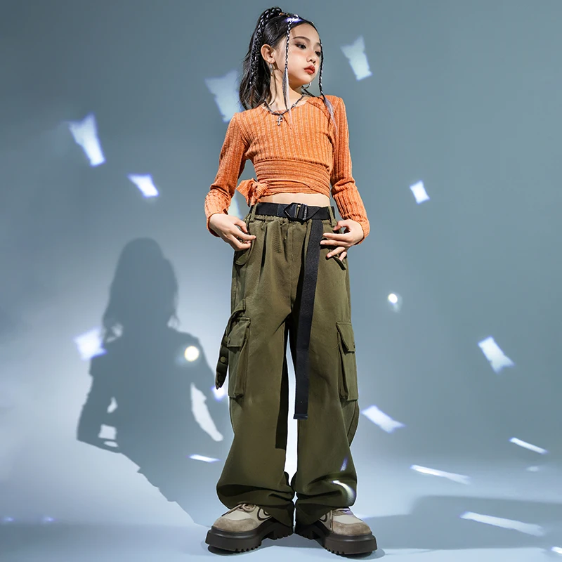 Girls Showing Streetwear Children Hip Hop Crop Top Army Green Cargo Pants Clothes Sets Kids Street Dance Jazz Stage Costumes