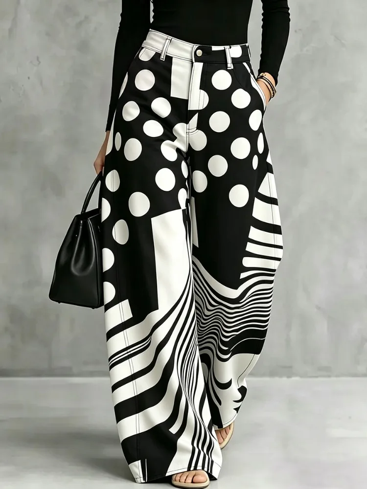 Yeezzi Women High Waist Wide Leg Pants Black White Polka‑Dot Stripe Patchwork Printed Loose Full‑Length Casual Fashion Trousers