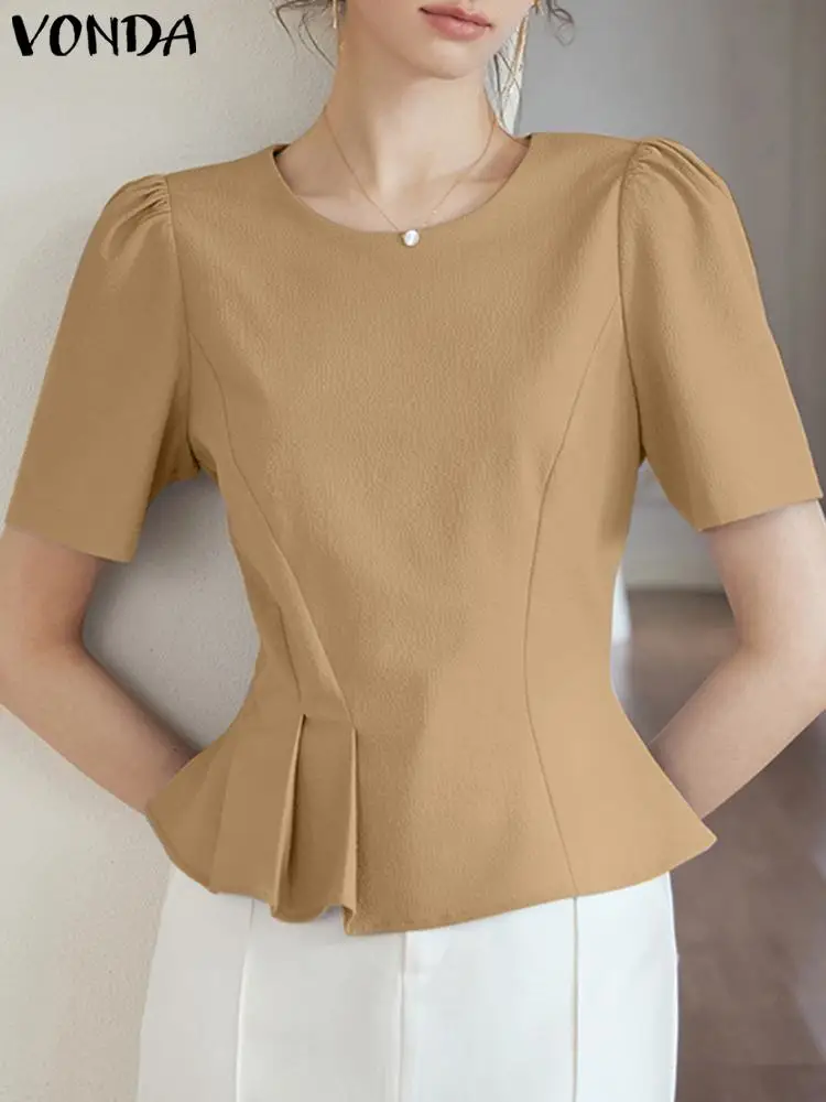 VONDA Fashion Blouse 2024 Summer Women Elegant Short Puff Sleeve Shirts Solid Tops Tunic Ruffled Casual Office Blusas Femininas