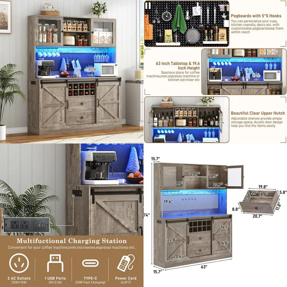 خزانة بار كبيرة على طراز المزرعة مع إضاءة LED 6000 لونًا وباب بيجبورد وباب الحظيرة، 74 طولًا و63 عريضًا