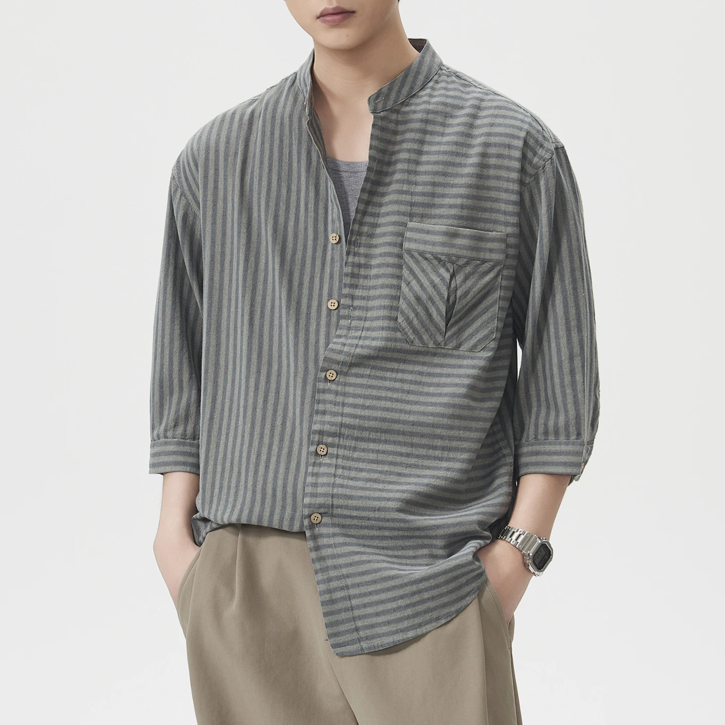 Men's Short Sleeve Loose Casual Vintage Stand Collar Spring Summer Lightweight Stripe Shirt Male Business Commute Shirts Tops