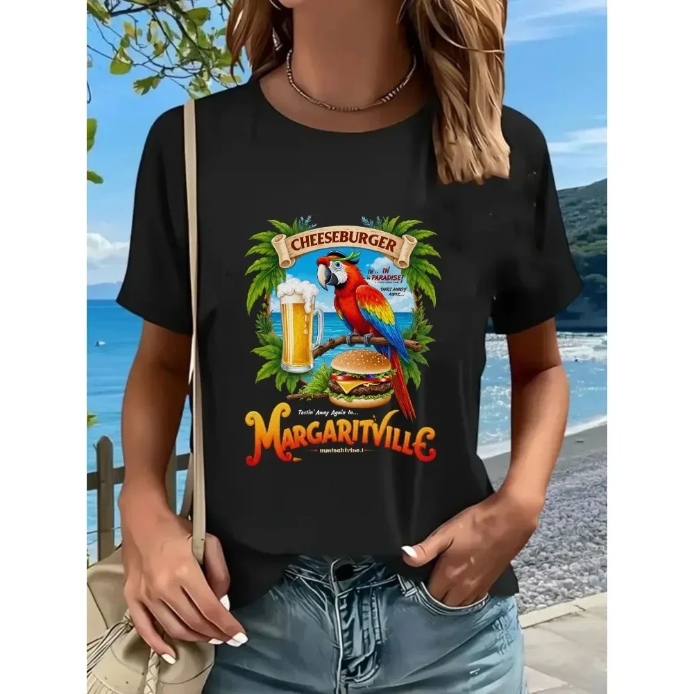 

Vibrant Cheeseburger Margaritaville Graphic Women's T-Shirt - Relaxed Fit Chic Tee Featuring Tropical Parrot Design, Playful