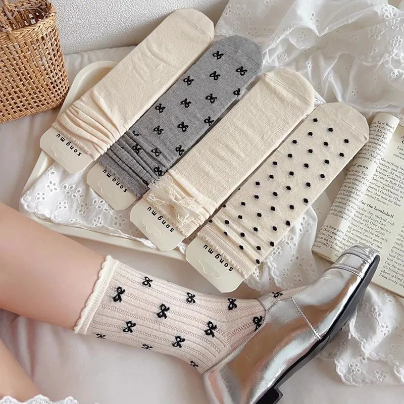 

Women Thin Hollow Out Bow Long Loose Socks JK Lolita Sweet Girls Japanese Solid Color Breathable Cotton Spring Summer Stocking