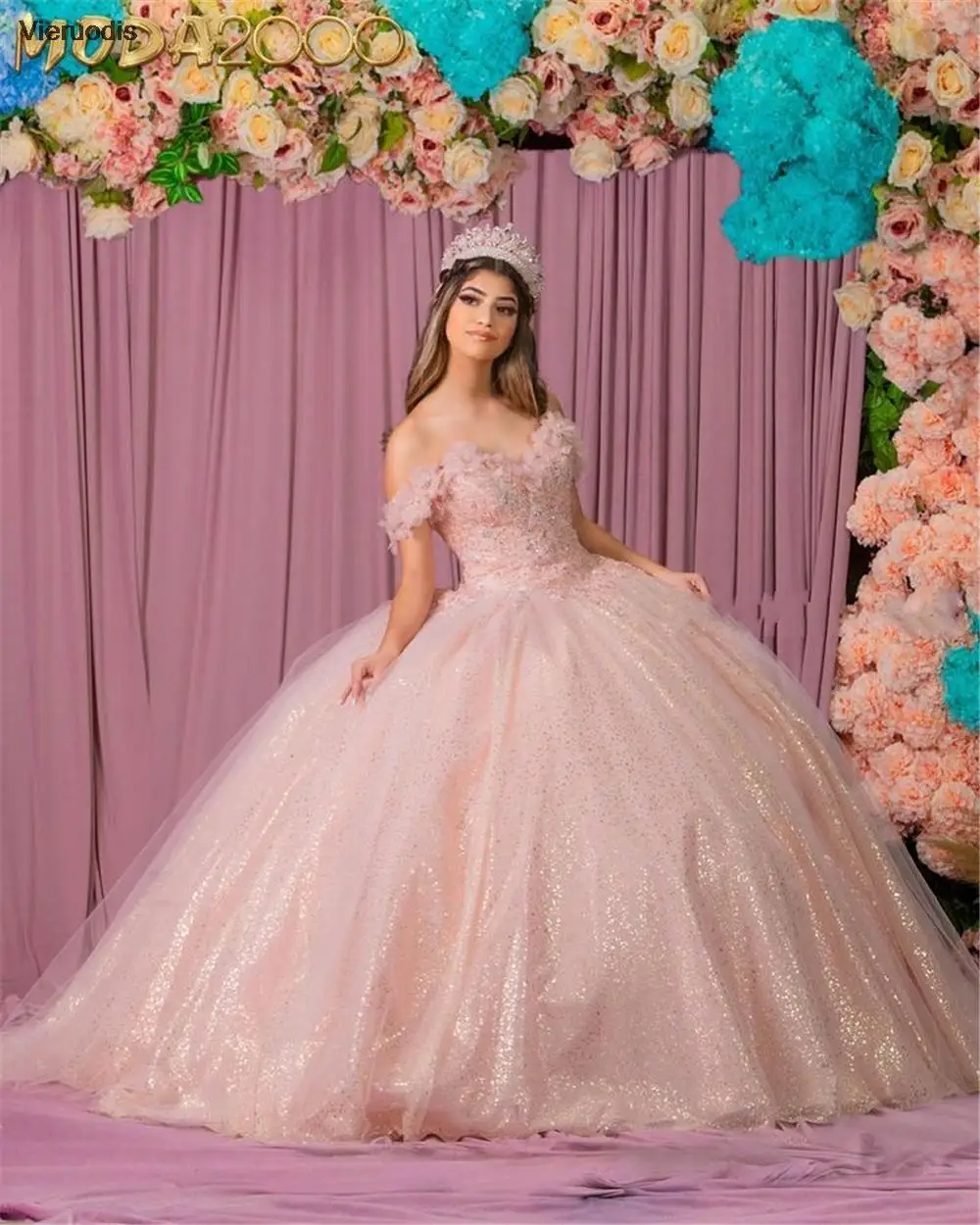 

2022 блестящее розовое бальное платье Quinceanera платья с бисером и открытыми плечами из тюля с блестками милое платье 15 16 XV праздничная одежда