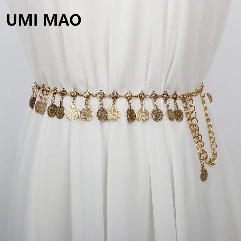 

UMI MAO поясная цепочка в этническом стиле, аксессуары для женщин, декоративные юбки, круглая цепочка с кисточками для монет, пояс для джинсов, металлическая цепочка
