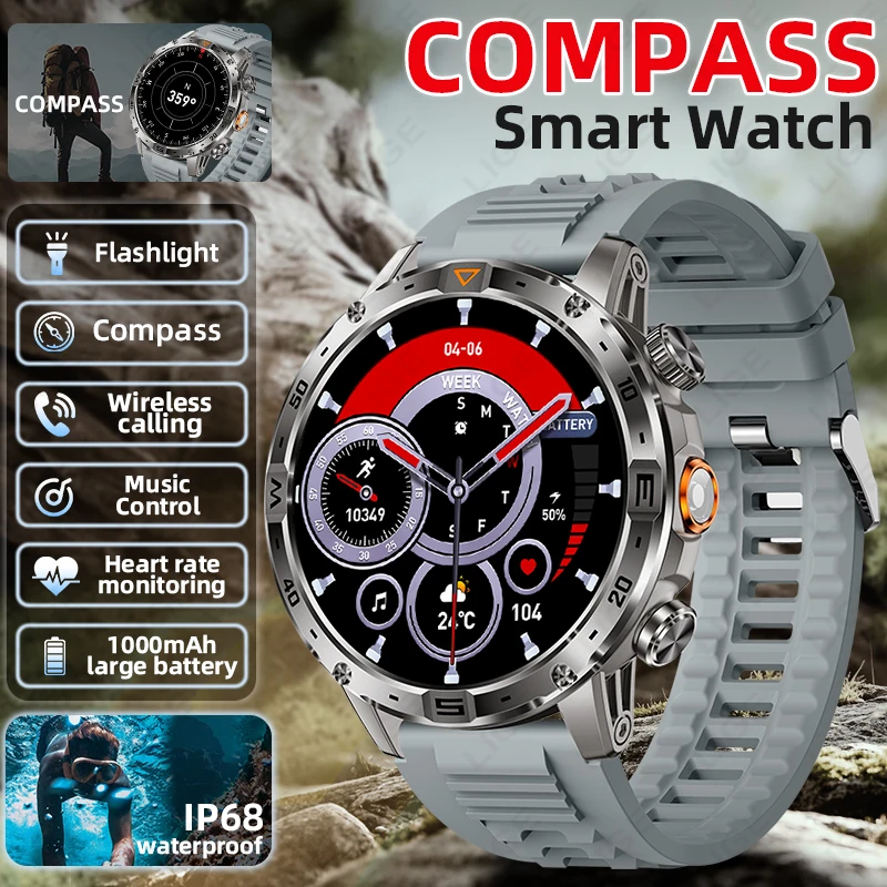 

LIGE New 1000mAh IP68 Waterproof Compass Smart Watch 2025 Bluetooth Call Smartwatch Outdoor Sports Fitness Heart Rate Monitor