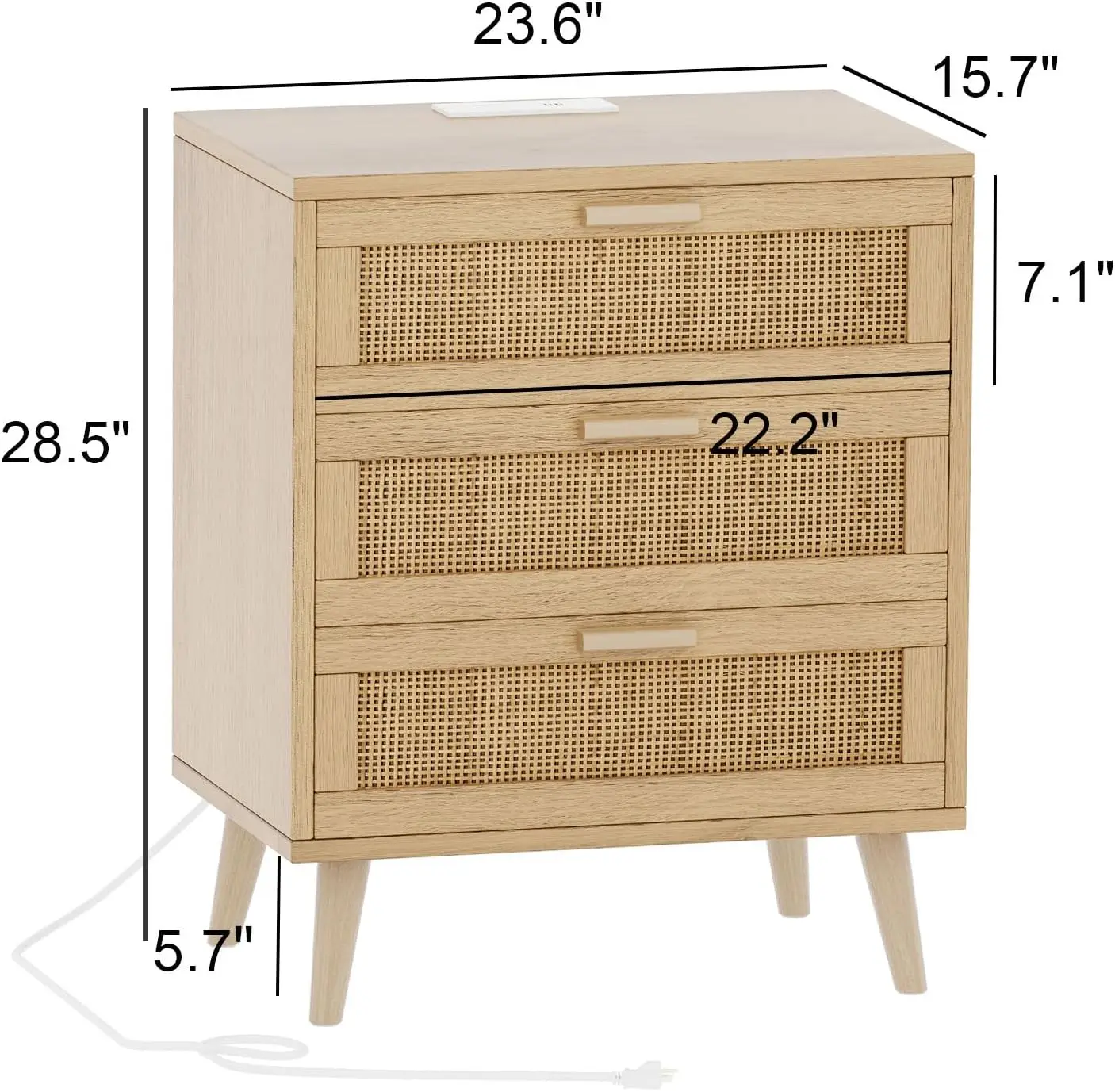 Rattan Nightstand with Charging Station, Night Stand with 3 Drawers, 23.6" W Bedside End Table for Bedroom, Side Table with Soli