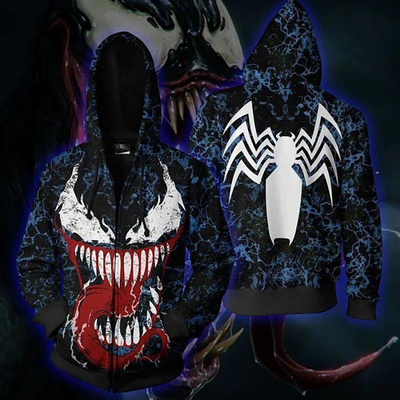 Movie Venom Spiderman Cosplay Hoodie 3D Hooded Polyester Spring Autumn Halloween Unisex Venom Jacket  Thin Party Costume