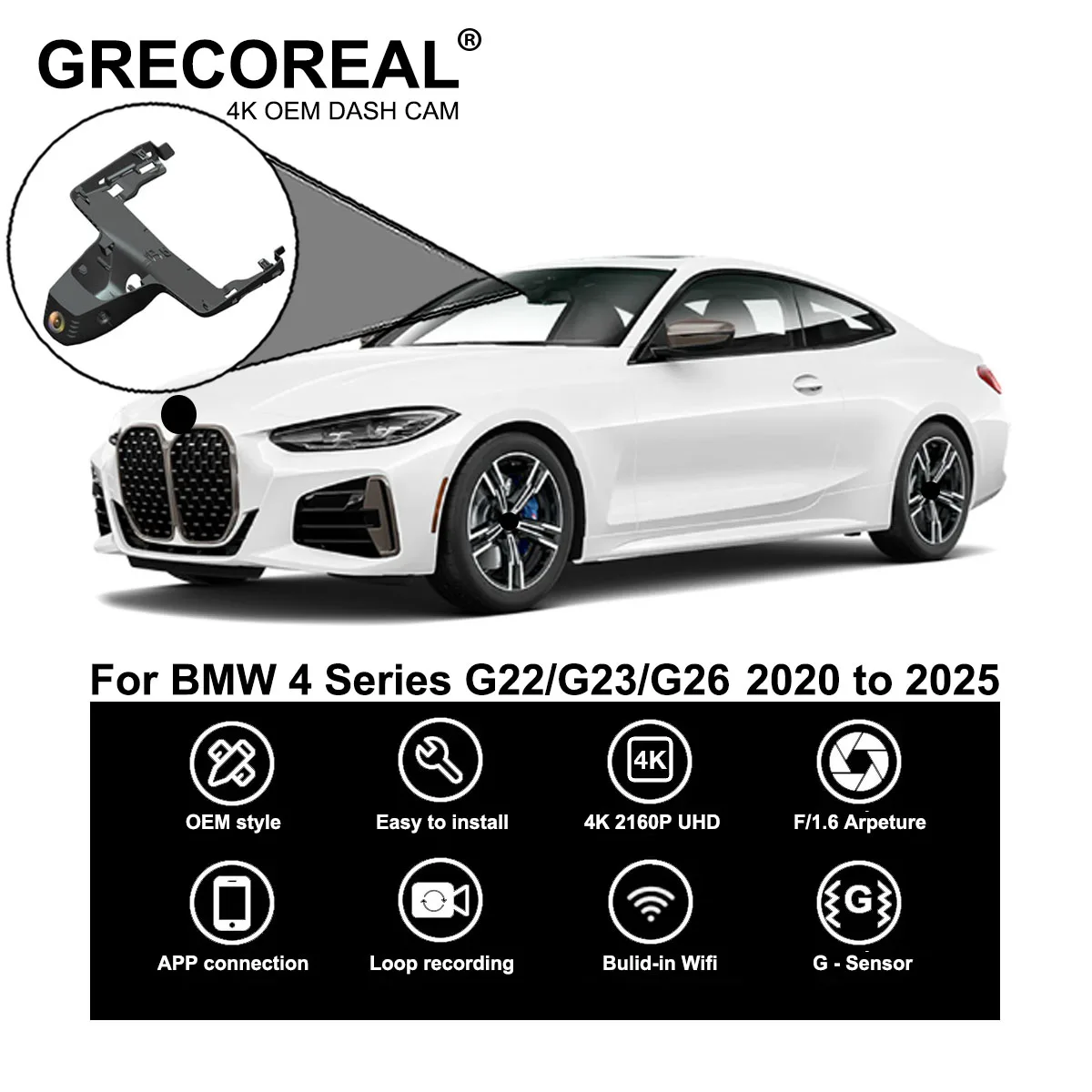 

GRECOREAL 4K Dash Cam Front and Rear 2160P WiFi Car Dual Dashcam APP Control Plug Play Compatible with BMW 4 Series G22 G23 G26