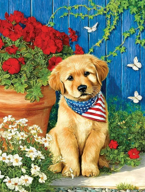 Jigsaw Puzzle 500/1000/1200/2000PCS Golden Puppy Floral Garden Butterfly Blue Fence DIY Assembly Home Wall Decor