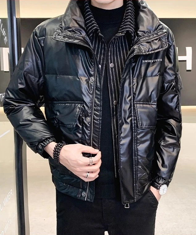 2025 Winter Men's Warm Fashion Lightweight Fake Two-Piece Turn-Down Collar Warm Loose Casual Black Down Jacket