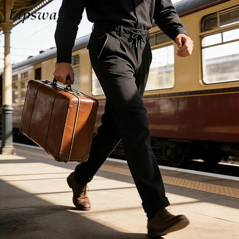 

2026 Spring New Casual Mens Solid Color Trousers Stylish Drawstring Loose Straight Pants Men Streetwear Vintage Lace-up Bottoms