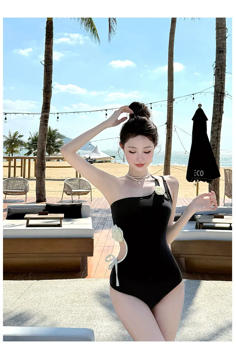 Classic Black Temperament Lace-up Triangle One-piece Swimsuit Women Summer Hollow Sexy Flower Beach Simple Vacation Swimwear