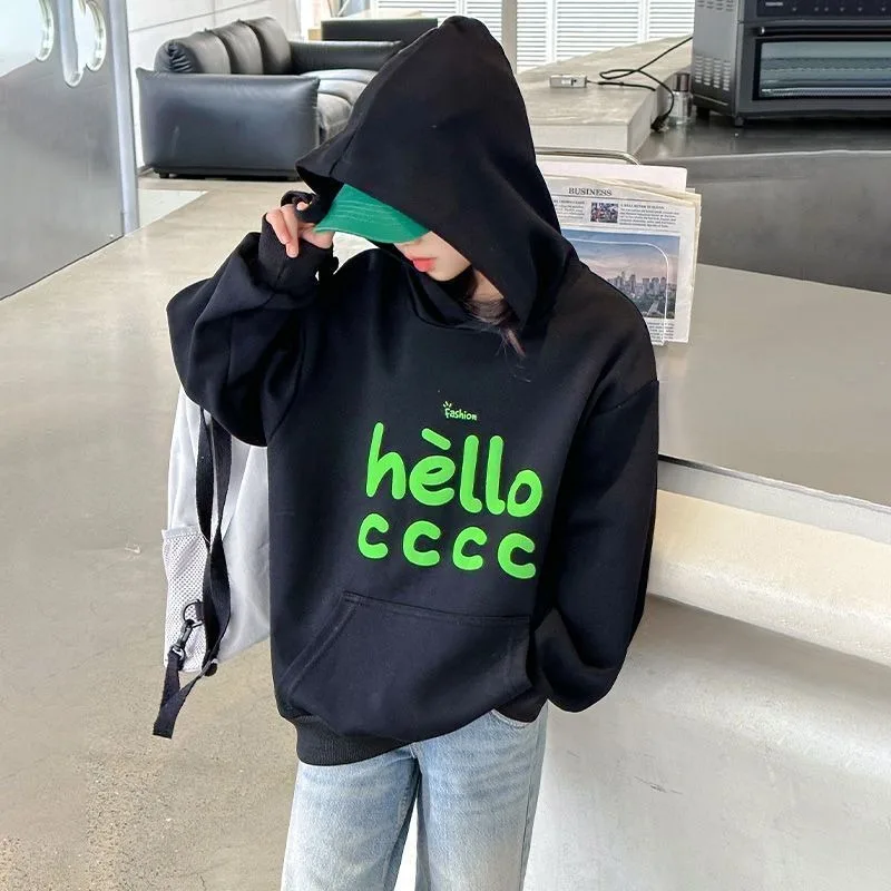 

Girls' 2025 New Spring/Autumn Stylish Korean Loose Fit Hooded Hoodie for Mid-Large Kids Versatile