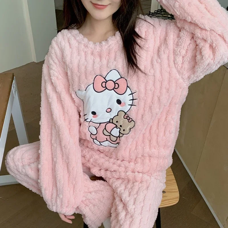 Cartoon Sanrio Hello Kitty Pajamas Winter Cotton Loungewear Crew Neck Long Sleeve Pants Casual Two-piece Women\'s Pajamas