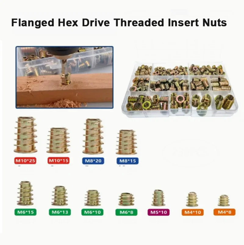 10-100Pcs Flanged Hex Drive Threaded Insert Nuts For Zinc Alloy M4 M5 M6 M8 M10 Furniture Insert Nut Length 6/6.5/8/10/13~30mm