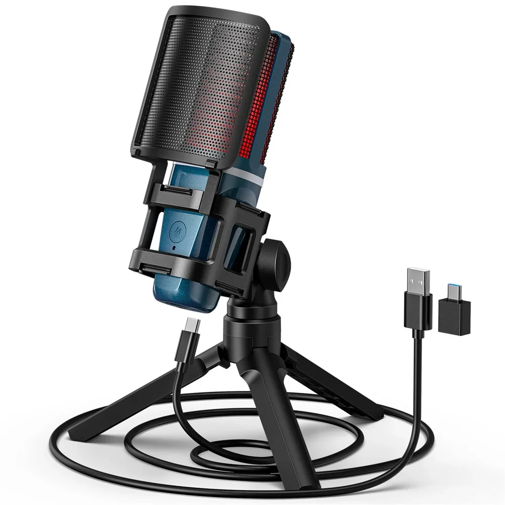 Microfone USB de transmissão 2025 Pro com botão de mudo rápido e batimento cardíaco Rgb - padrão cardióide e 24 bits/96 Khz para esportes