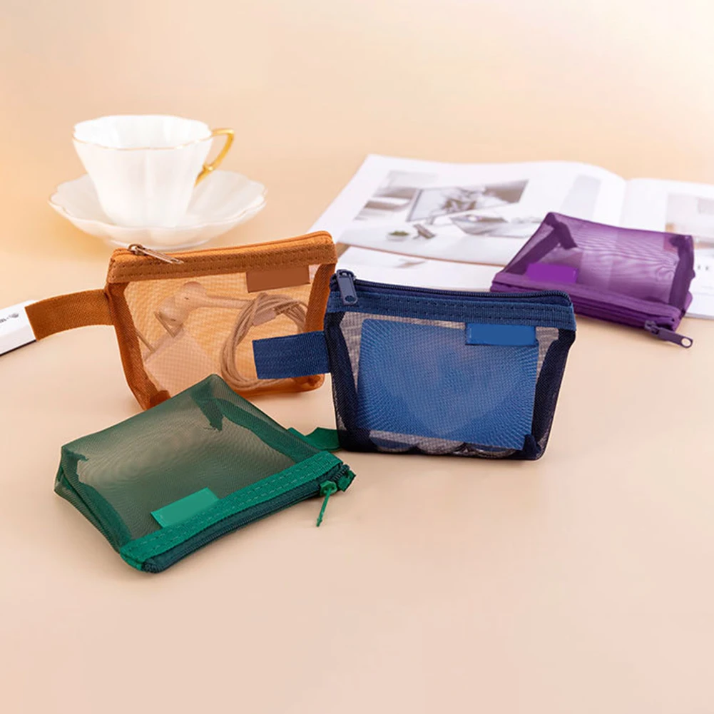1pc Small Zipper Mesh Bag Nylon Small Makeup Zipper Mesh Pouch Earphone Storage Bags Wallet Large Capacity Card Storage