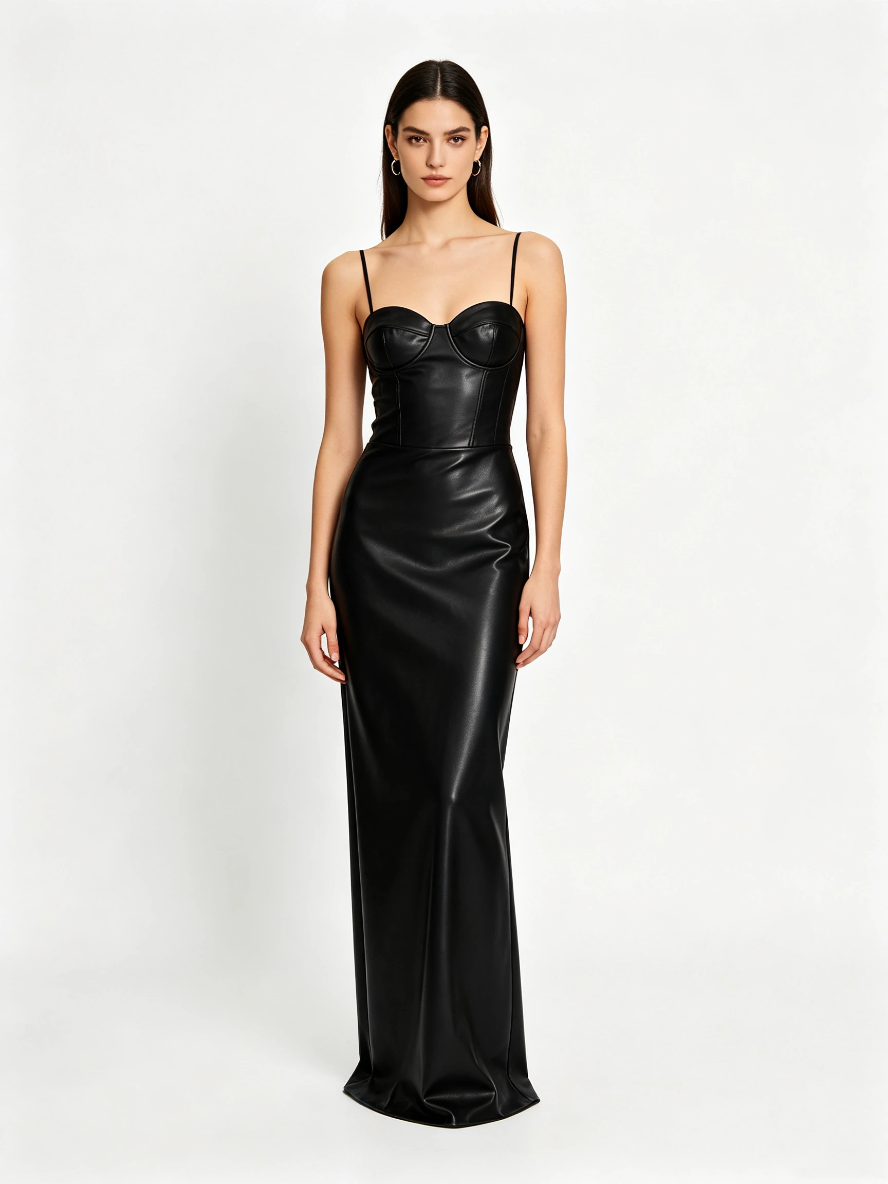 Women's Spaghetti Strap Faux Leather Corset Gown with Sweetheart Neckline