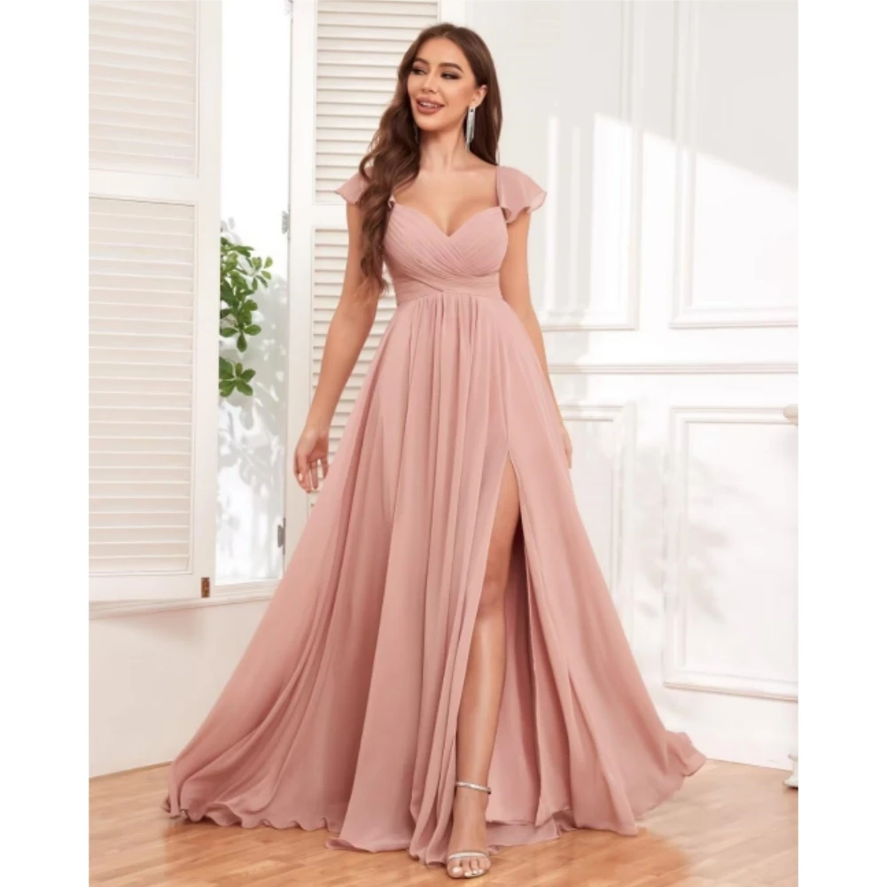 Sweetheart chiffon bruidsmeisjesjurken voor dames ruches geplooide formele galajurk lange avondjurk met zijsplitten en zakken
