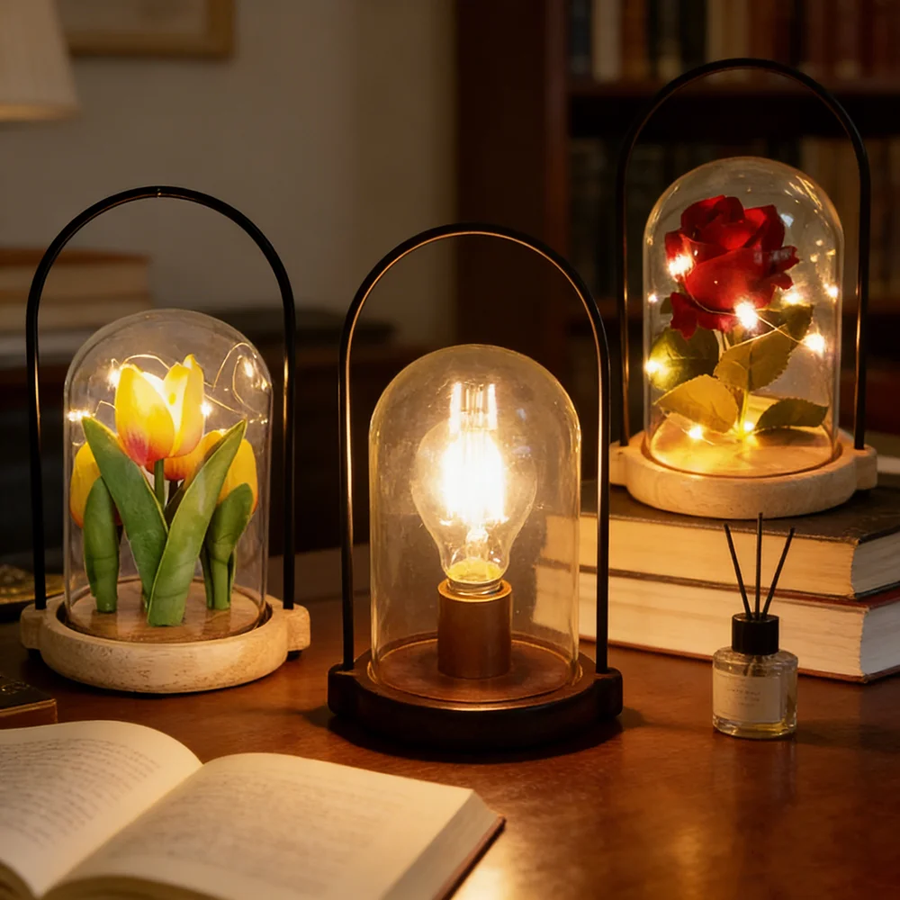 

1pc Eternal Flower LED Light with Glass Cover Flower Handheld Light, Wooden Base,Valentine's Day Wedding Mother's Day Decor