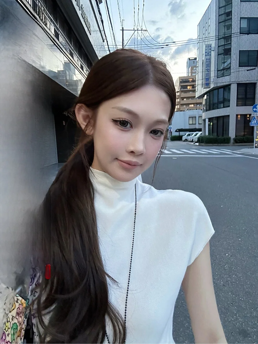 

Jennie White Knitted Waist-Cinching Mid-Ne Svel Women's Elastic Top Casual Sle Polyester Fiber round Ne Length Re...