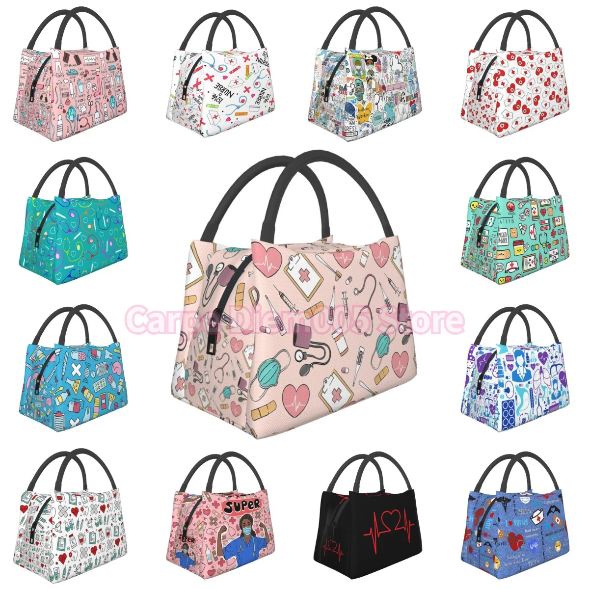 Bolsas térmicas rosas bonitas y frescas con estampado de enfermera, tela Oxford impermeable, bolsas térmicas portátiles con cremallera para el