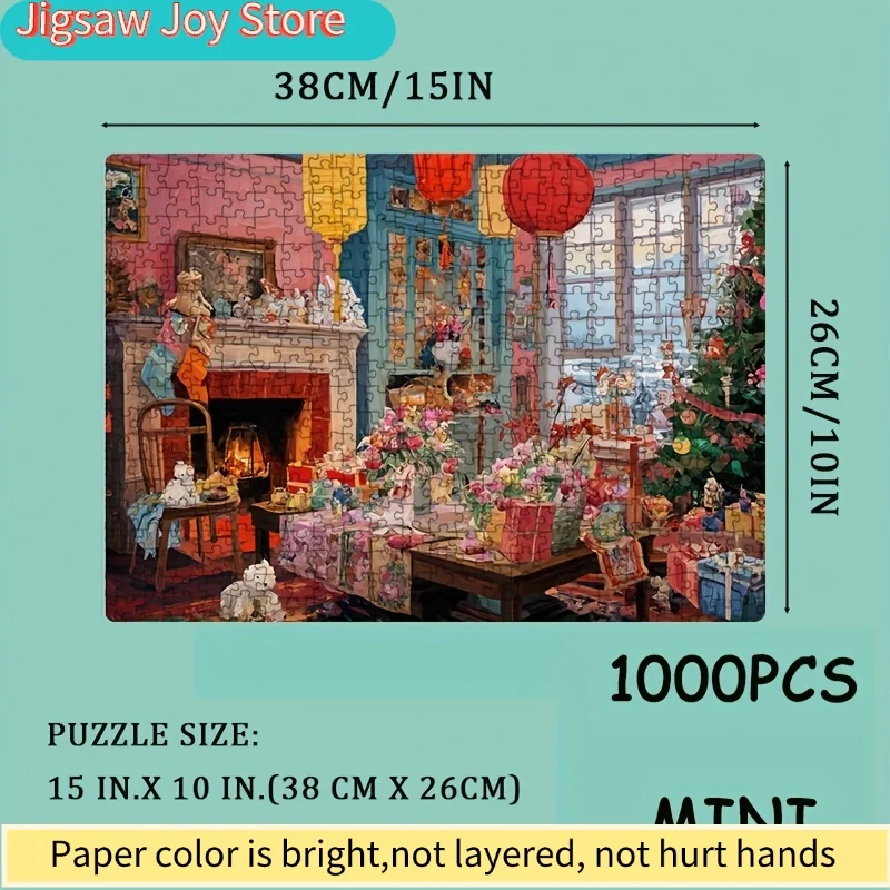 Een mini-papierpuzzel van 1000 stuks voor volwassenen, met de titel 'Kerstversiering in een gezellig huis', geschikt voor feestspellen en activiteiten