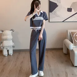 Summer Two Piece Sets Women Outfits V-neck Short Sleeve T-Shirt+ Wide Leg Pants Loose Suit Summer Female Casual Tracksuit