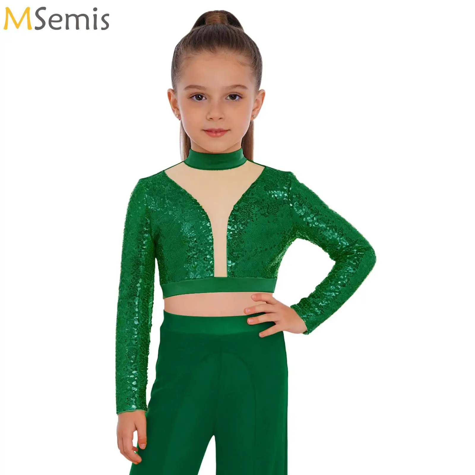 

Kids Girls Modern Jazz Dance Crop Top Mesh Sequins Long Sleeve T-Shirt Tops Ballet Disco Hip Hop Stage Performance Costume