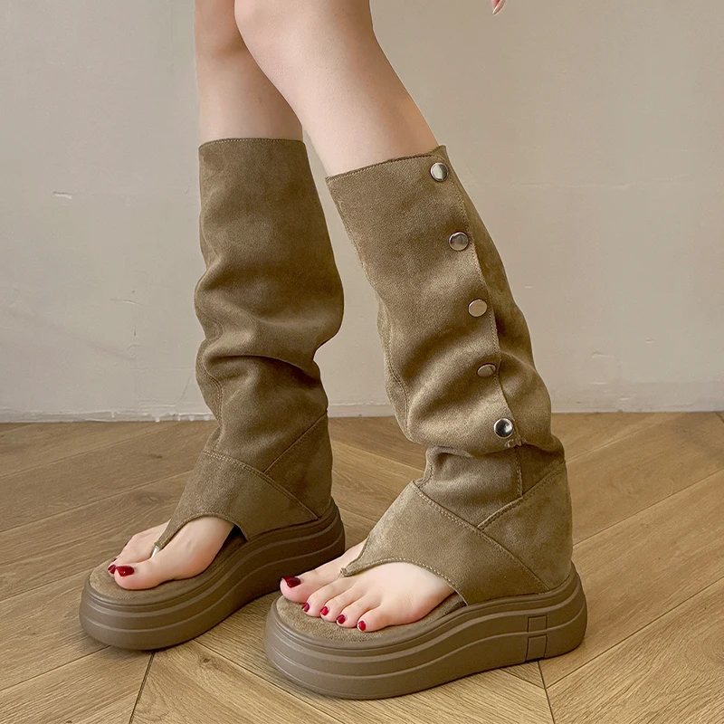 

Женские сандалии на плоской подошве и платформе, дизайнерская новая обувь, модные летние женские крутые ботинки, 2025 г., повседневные прогулочные ботинки с застежкой на носок, Zapatos De Mujer