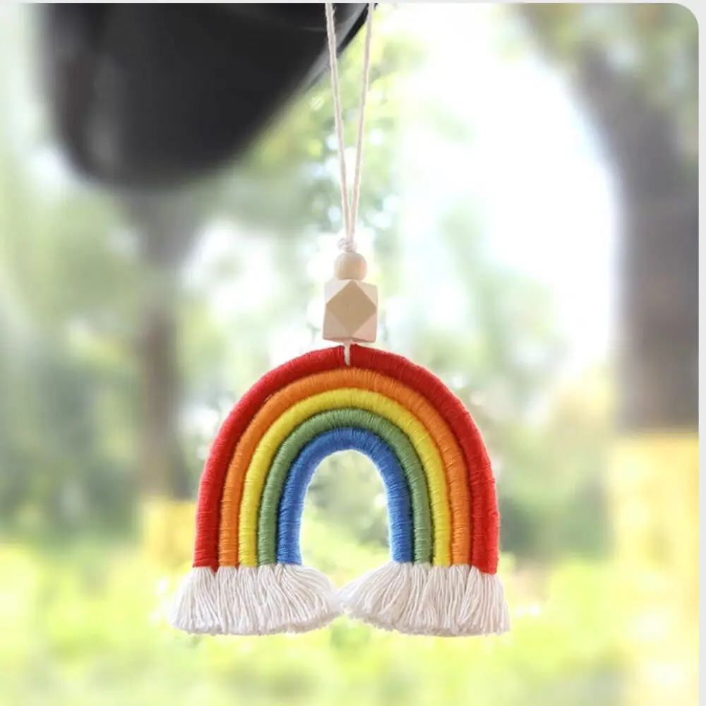 Boho Rainbow Car Charm Macrame Bohemian Rainbow Hanging Pendant Handmade Weaving Rainbow Charm for Car Accessories Decor & Home